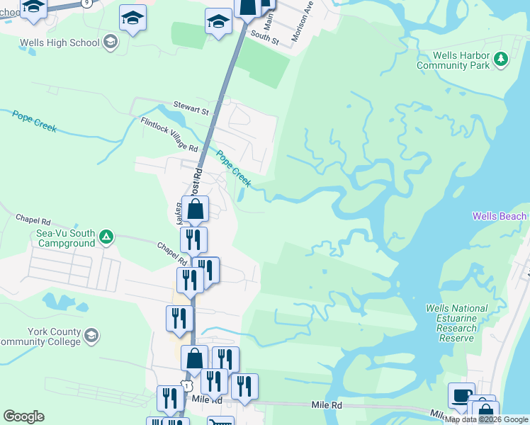 map of restaurants, bars, coffee shops, grocery stores, and more near 113 Darling Drive in Wells