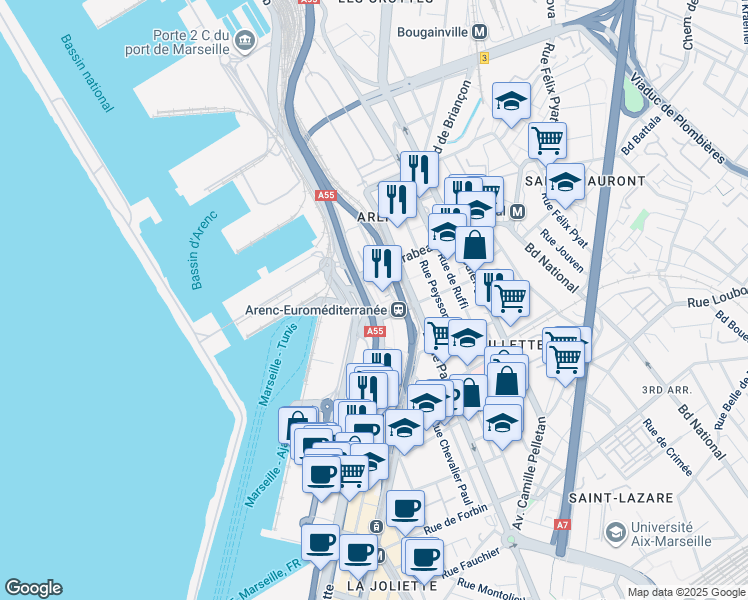 map of restaurants, bars, coffee shops, grocery stores, and more near 2 Boulevard Euromediterranée Quai d'Arenc in Marseille