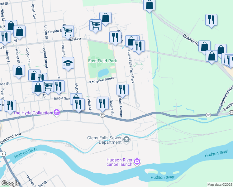 map of restaurants, bars, coffee shops, grocery stores, and more near 25 Haskell Avenue in Glens Falls