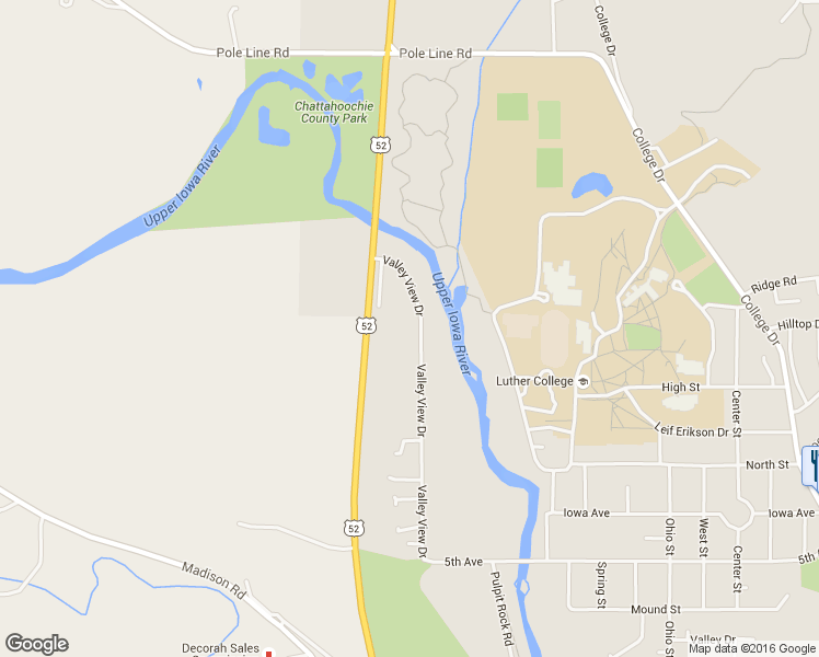 map of restaurants, bars, coffee shops, grocery stores, and more near 605 Valley View Drive in Decorah