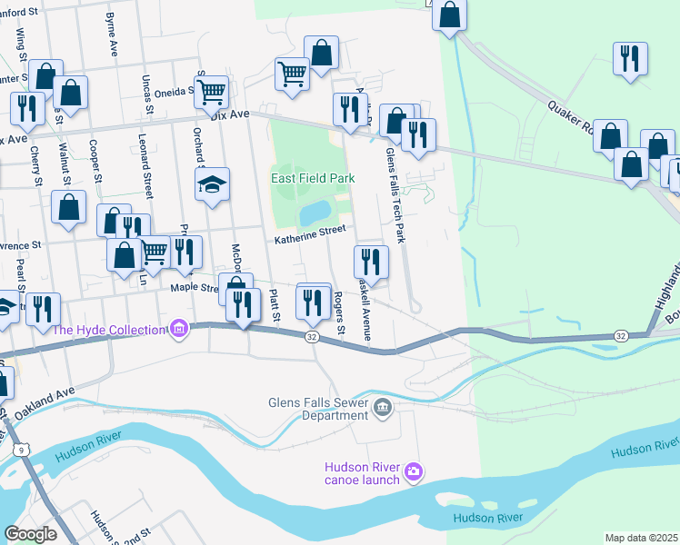 map of restaurants, bars, coffee shops, grocery stores, and more near 25 Haskell Avenue in Glens Falls