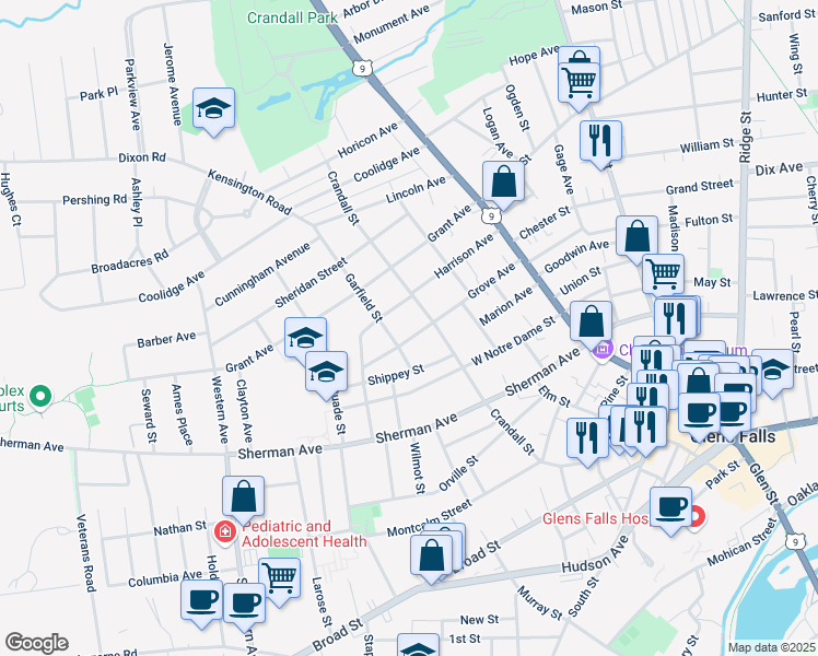 map of restaurants, bars, coffee shops, grocery stores, and more near 42 Grove Avenue in Glens Falls