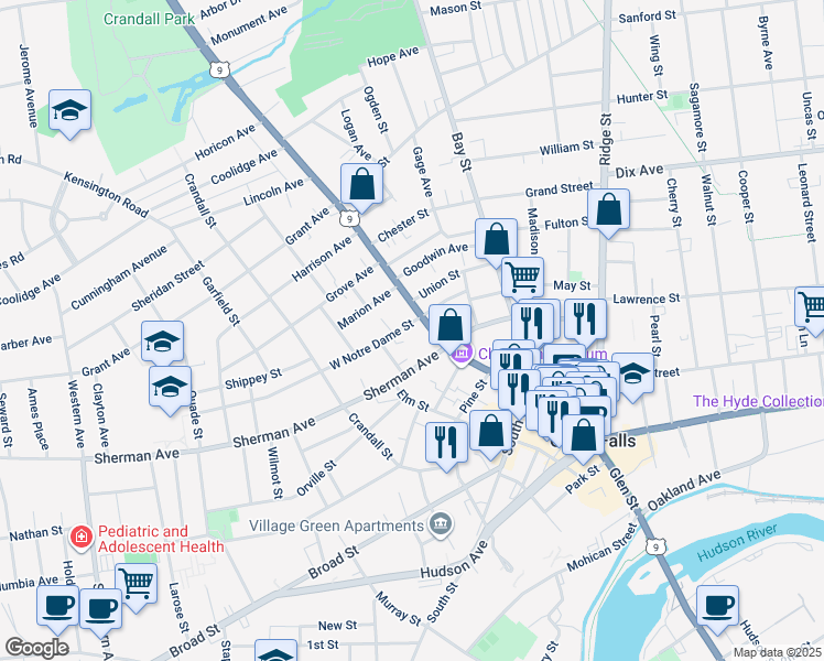 map of restaurants, bars, coffee shops, grocery stores, and more near 402 Glen Street in Glens Falls