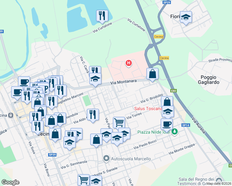 map of restaurants, bars, coffee shops, grocery stores, and more near 12 Via Guido Rossa in Cecina