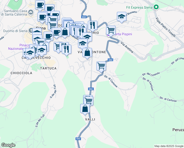 map of restaurants, bars, coffee shops, grocery stores, and more near 3 Via Enea Silvio Piccolomini in Siena