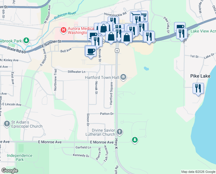 map of restaurants, bars, coffee shops, grocery stores, and more near 569 Hartford Square in Hartford