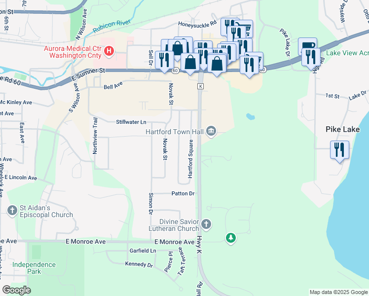 map of restaurants, bars, coffee shops, grocery stores, and more near 569 Hartford Square in Hartford