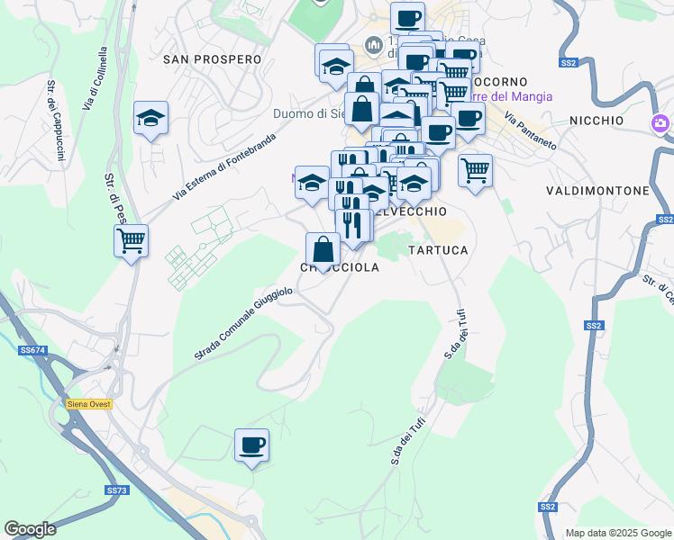 map of restaurants, bars, coffee shops, grocery stores, and more near 38 Via San Marco in Siena