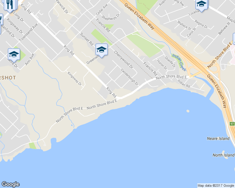 map of restaurants, bars, coffee shops, grocery stores, and more near 617 North Shore Boulevard East in Burlington