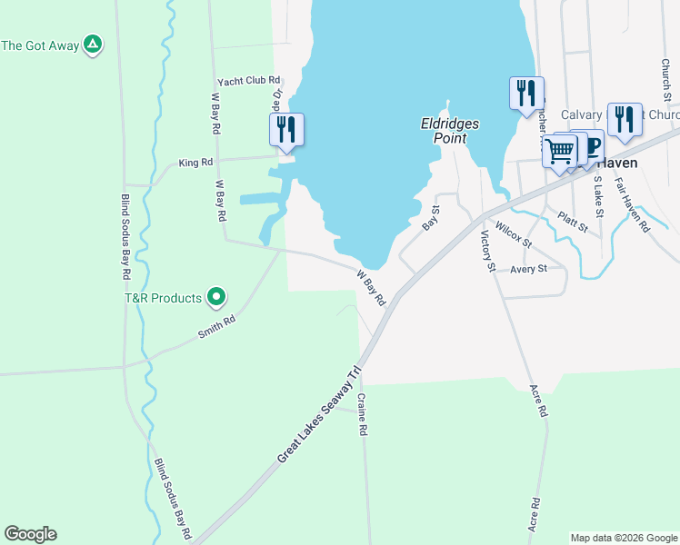 map of restaurants, bars, coffee shops, grocery stores, and more near 14387 West Bay Road in Sterling