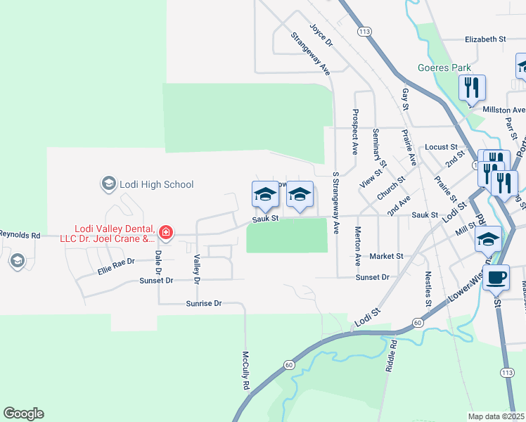 map of restaurants, bars, coffee shops, grocery stores, and more near 835 Meadowview Lane in Lodi