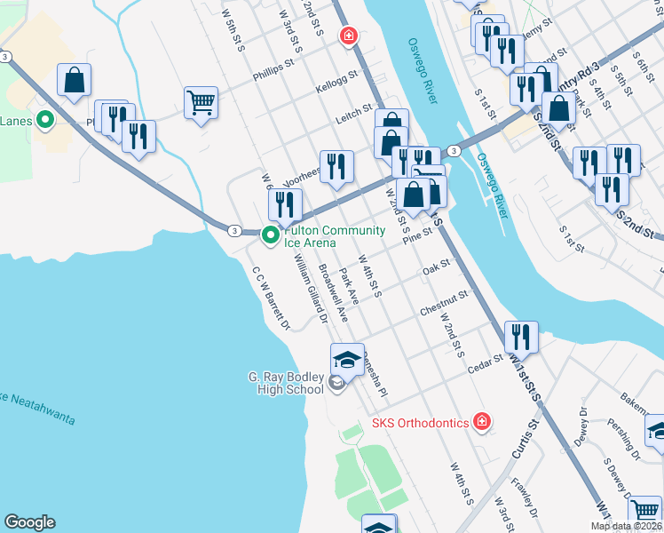 map of restaurants, bars, coffee shops, grocery stores, and more near 504 Pine Street in Fulton