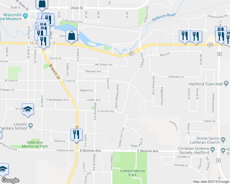 map of restaurants, bars, coffee shops, grocery stores, and more near 401 Misty Meadows Boulevard in Hartford