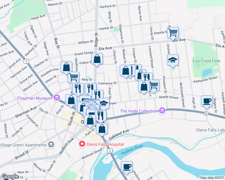 map of restaurants, bars, coffee shops, grocery stores, and more near 15 Pearl Street in Glens Falls