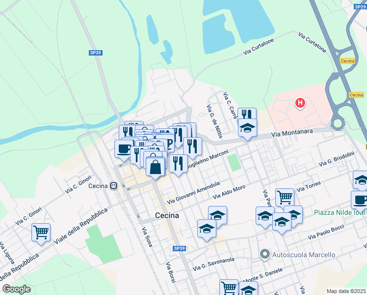 map of restaurants, bars, coffee shops, grocery stores, and more near 43a Viale Guglielmo Marconi in Cecina