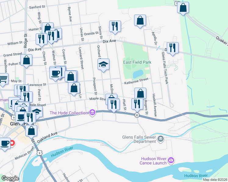 map of restaurants, bars, coffee shops, grocery stores, and more near 31 McDonald Street in Glens Falls