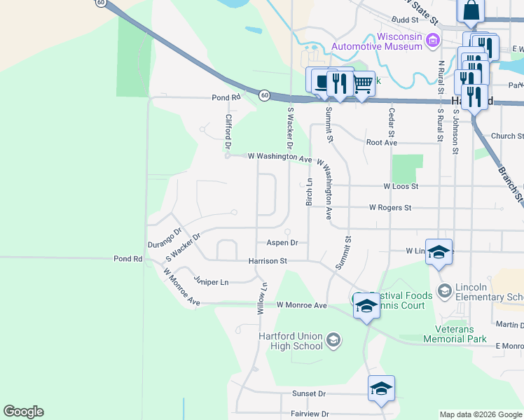 map of restaurants, bars, coffee shops, grocery stores, and more near 446 Ponderosa Drive in Hartford