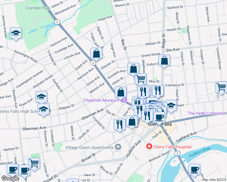 map of restaurants, bars, coffee shops, grocery stores, and more near 402 Glen Street in Glens Falls