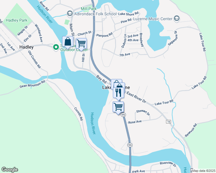 map of restaurants, bars, coffee shops, grocery stores, and more near 9 Bay Road in Lake Luzerne