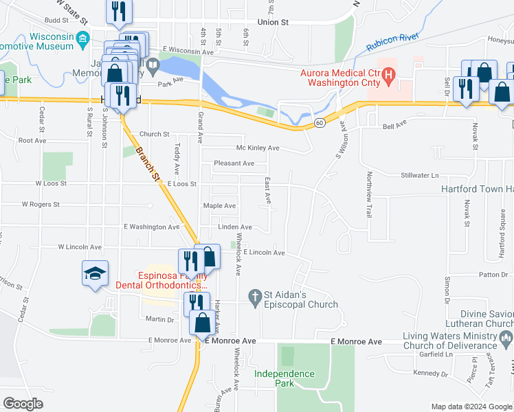 map of restaurants, bars, coffee shops, grocery stores, and more near 629 Holly Court in Hartford