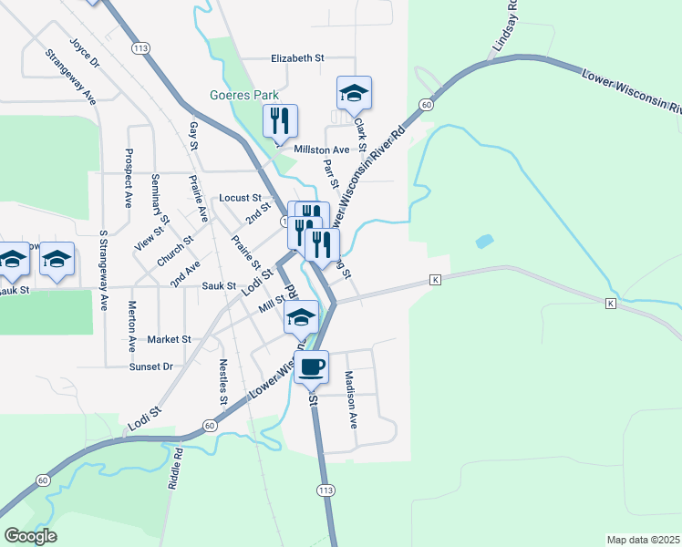 map of restaurants, bars, coffee shops, grocery stores, and more near 205 South Main Street in Lodi