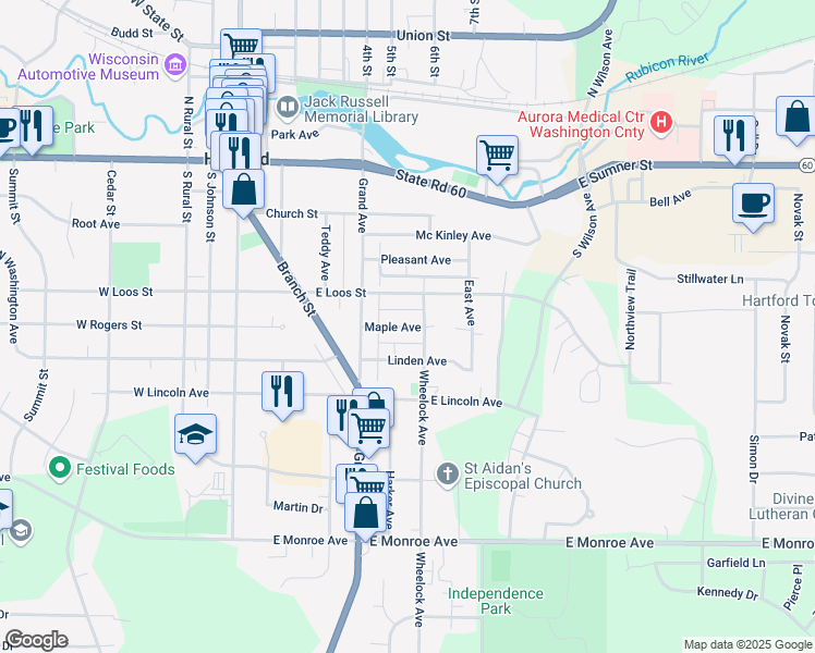 map of restaurants, bars, coffee shops, grocery stores, and more near 1900 West Sumner Street in Hartford