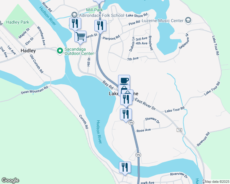map of restaurants, bars, coffee shops, grocery stores, and more near 9 Bay Road in Lake Luzerne