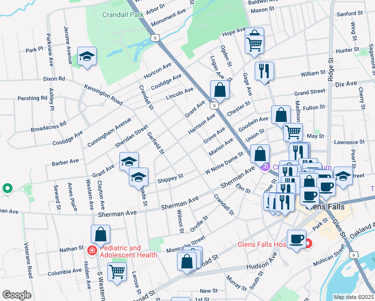 map of restaurants, bars, coffee shops, grocery stores, and more near 39 Grove Avenue in Glens Falls