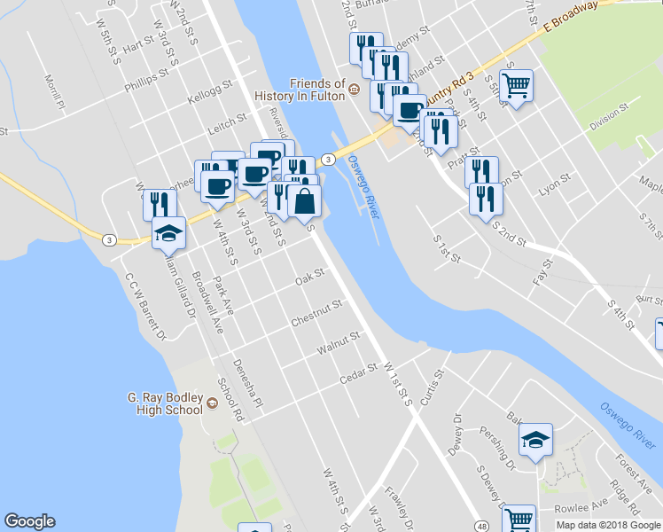 map of restaurants, bars, coffee shops, grocery stores, and more near 448 West 1st Street South in Fulton
