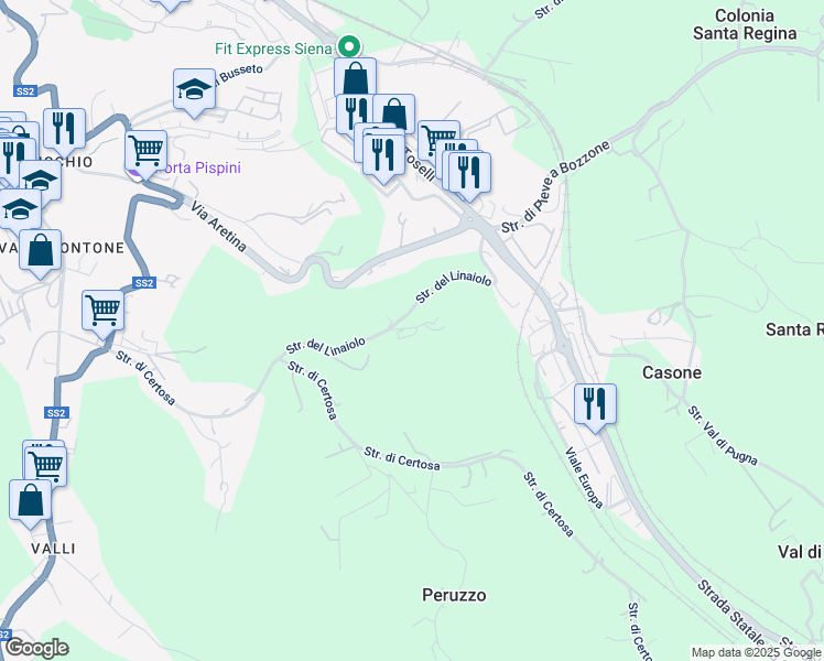 map of restaurants, bars, coffee shops, grocery stores, and more near 10 Strada del Linaiolo in Siena