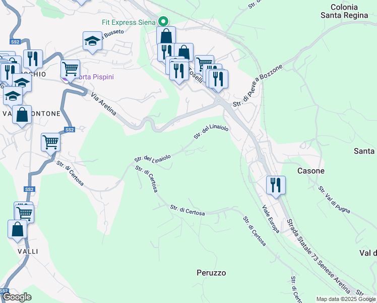 map of restaurants, bars, coffee shops, grocery stores, and more near 10 Strada del Linaiolo in Siena