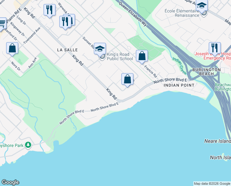 map of restaurants, bars, coffee shops, grocery stores, and more near 623 King Road in Burlington