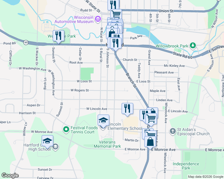 map of restaurants, bars, coffee shops, grocery stores, and more near 425 South Main Street in Hartford
