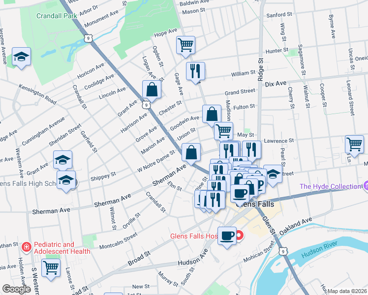 map of restaurants, bars, coffee shops, grocery stores, and more near 391 Glen Street in Glens Falls