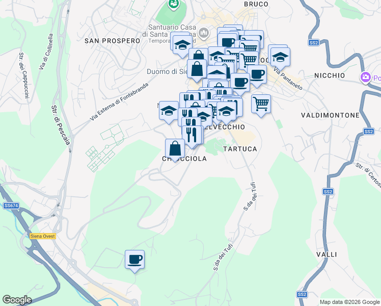 map of restaurants, bars, coffee shops, grocery stores, and more near 89 Via delle Sperandie in Siena