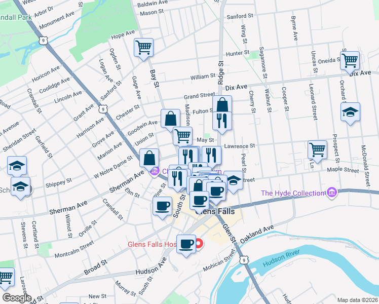 map of restaurants, bars, coffee shops, grocery stores, and more near 15 East Washington Street in Glens Falls