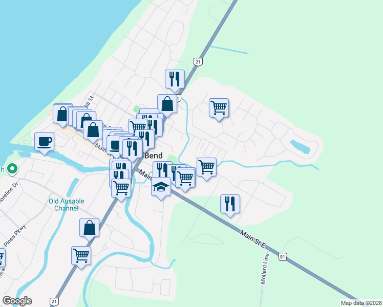 map of restaurants, bars, coffee shops, grocery stores, and more near 31 Creek Side Place in Grand Bend
