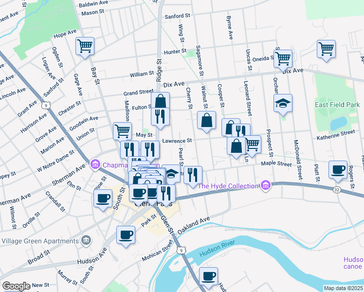 map of restaurants, bars, coffee shops, grocery stores, and more near 15 Pearl Street in Glens Falls