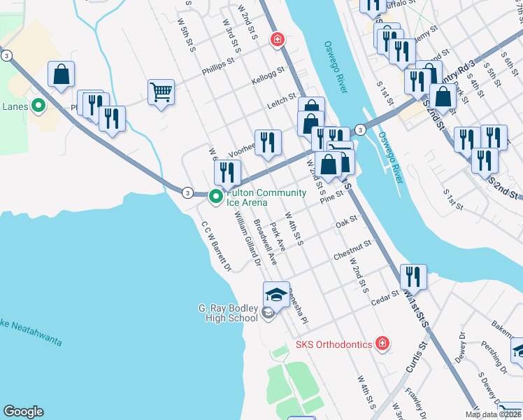 map of restaurants, bars, coffee shops, grocery stores, and more near 504 Pine Street in Fulton
