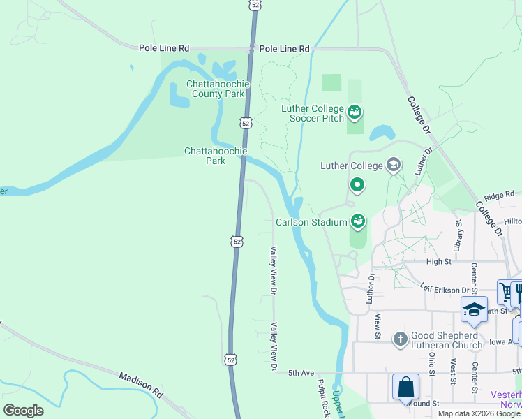 map of restaurants, bars, coffee shops, grocery stores, and more near 605 Valley View Drive in Decorah