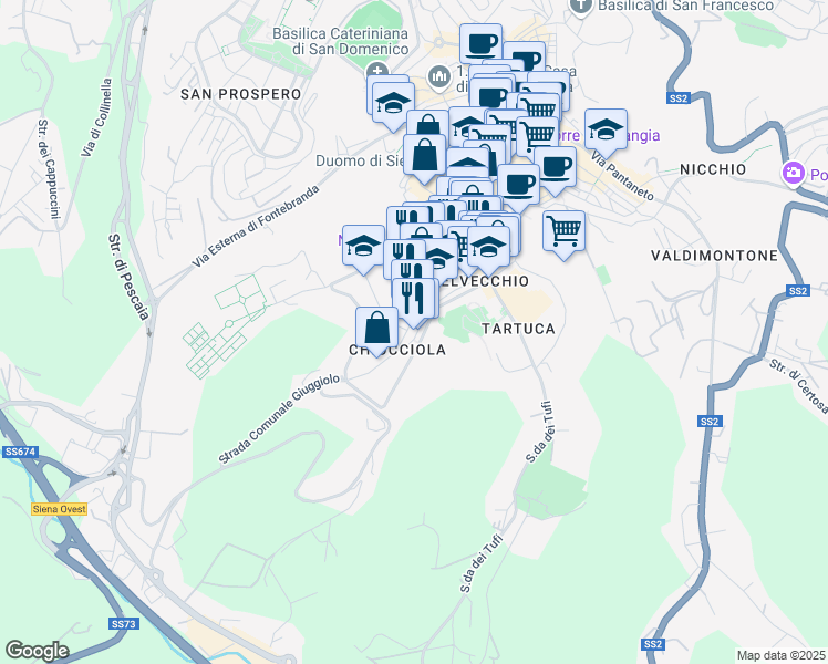 map of restaurants, bars, coffee shops, grocery stores, and more near 38 Via San Marco in Siena