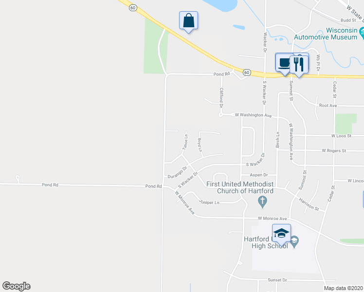 map of restaurants, bars, coffee shops, grocery stores, and more near 461 Tahoe Lane in Hartford