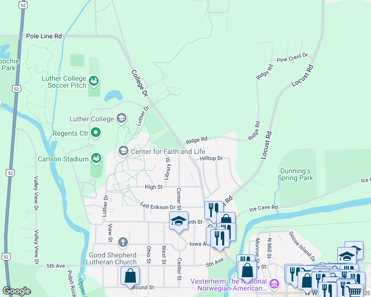 map of restaurants, bars, coffee shops, grocery stores, and more near 700 College Drive in Decorah