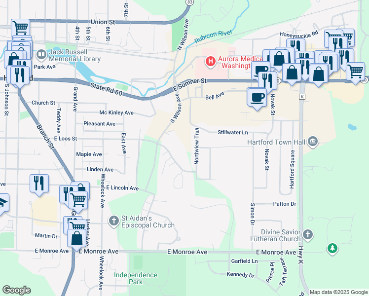 map of restaurants, bars, coffee shops, grocery stores, and more near 904 East Loos Street in Hartford