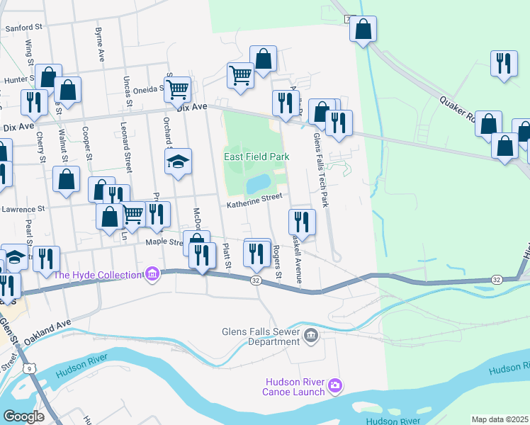 map of restaurants, bars, coffee shops, grocery stores, and more near 15 Katherine Street in Glens Falls