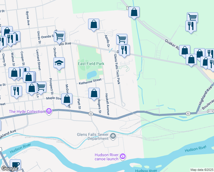 map of restaurants, bars, coffee shops, grocery stores, and more near 47 Haskell Avenue in Glens Falls