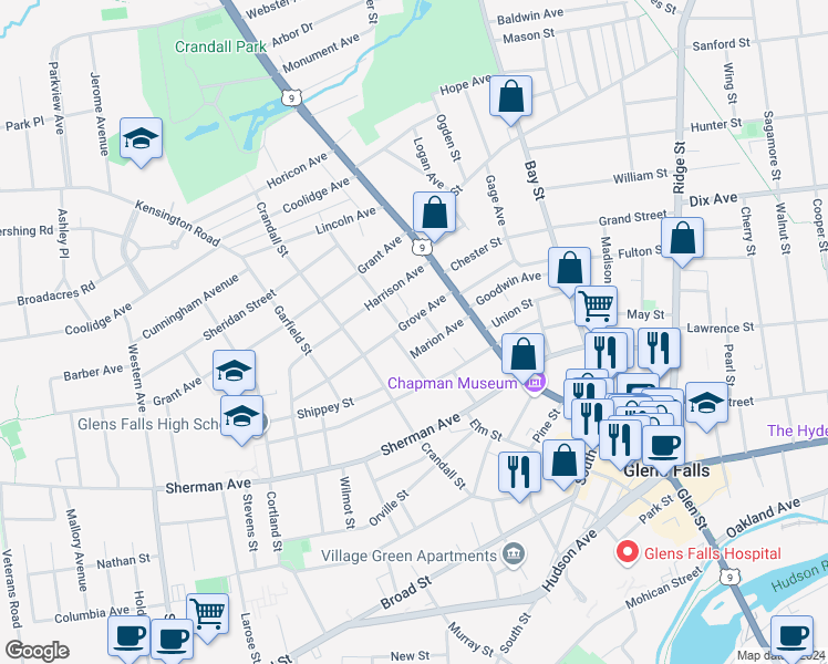 map of restaurants, bars, coffee shops, grocery stores, and more near 1 Davis Street in Glens Falls