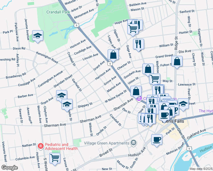 map of restaurants, bars, coffee shops, grocery stores, and more near 1 Davis Street in Glens Falls