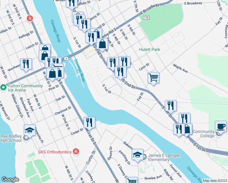 map of restaurants, bars, coffee shops, grocery stores, and more near 107 Lyon Street in Fulton