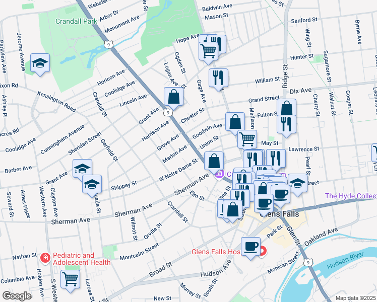map of restaurants, bars, coffee shops, grocery stores, and more near 426 Glen Street in Glens Falls